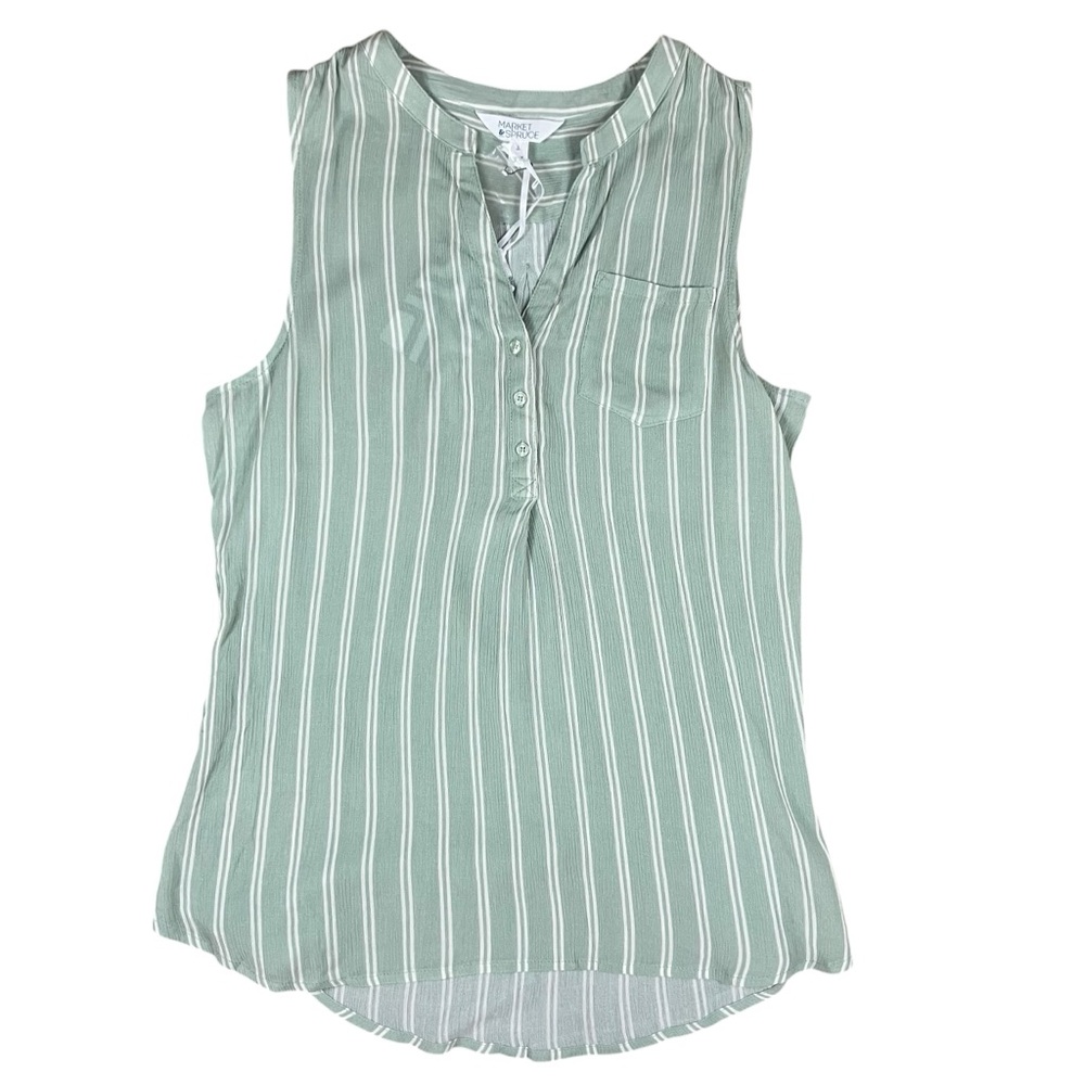 Market & Spruce Women’s Large Green White Stripe Sleeveless Tank Blouse NWT